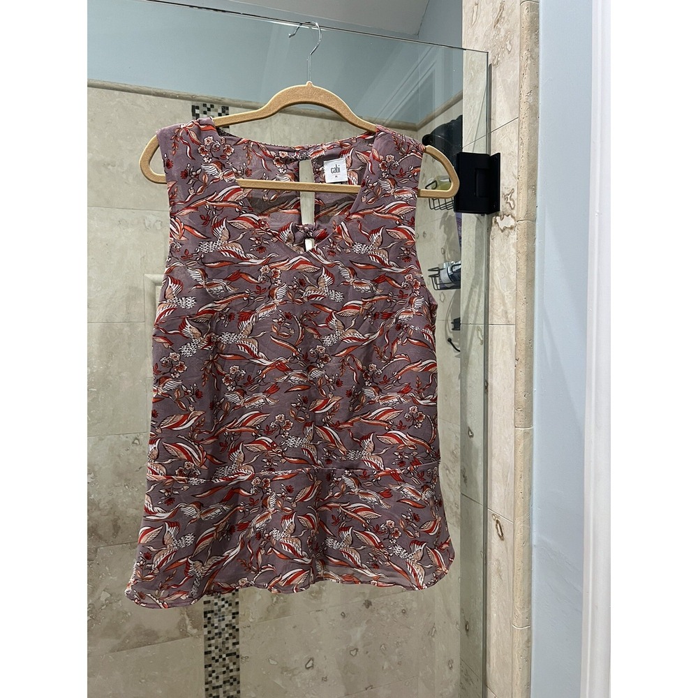CAbi 3611 Good Luck Bird Print Blouse Sleeveless V-Neck Purple Orange Size M